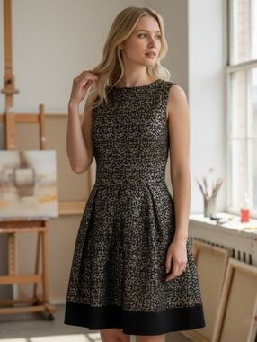 Closet Large Metallic Gold Black Fit & Flare Dress Edgy Whimsigoth Cocktail